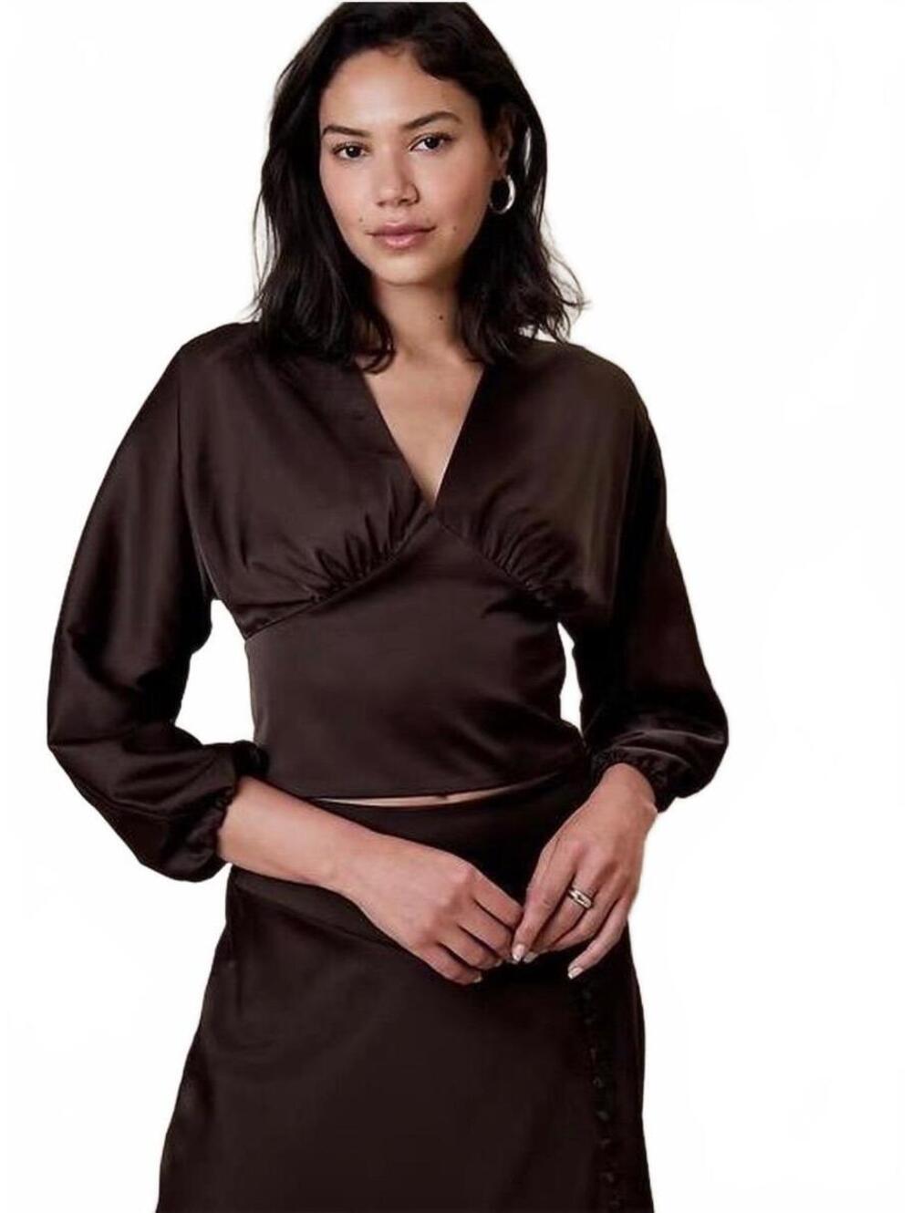 NWT Banana Republic Satin V-Neck Long Sleeve Blouse Top Brown Womens Size 0